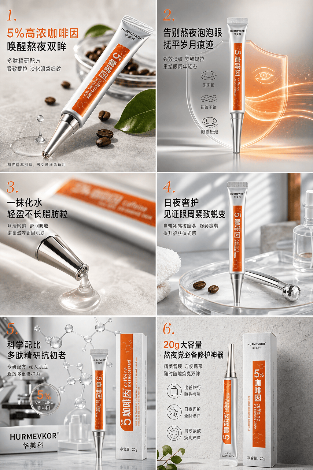 作品中心公开生产记录:输入一句眼霜卖点,输出一张六宫格主图合成图