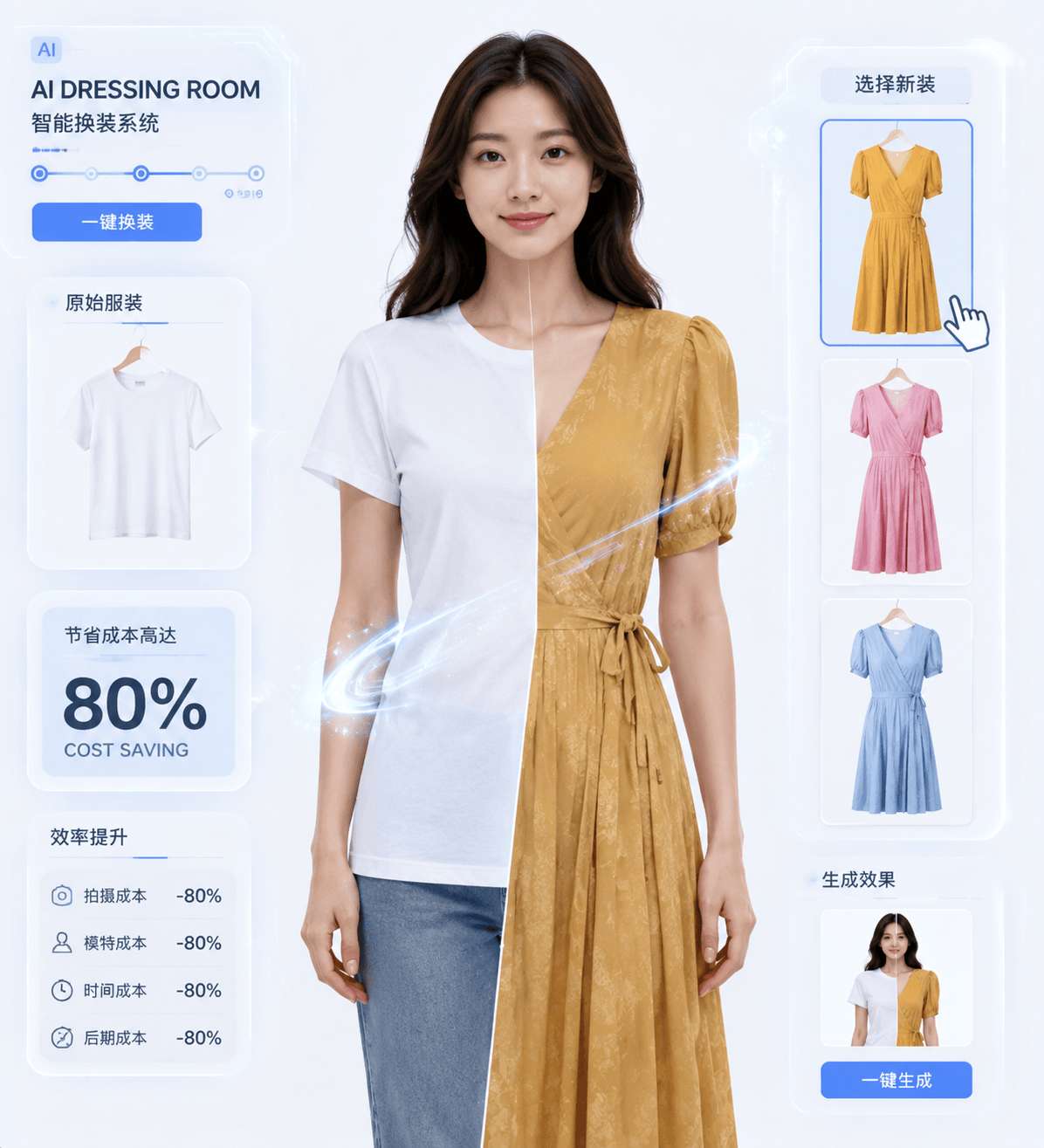 一位正面站立的白T恤模特,背景是干净的纯白色,服装图片悬停在侧,AI换装特效线条